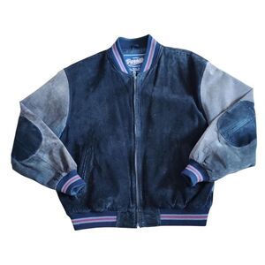 VINTAGE Varsity Suede Bomber Jacket XL Two-Tone Black/Brown Leather